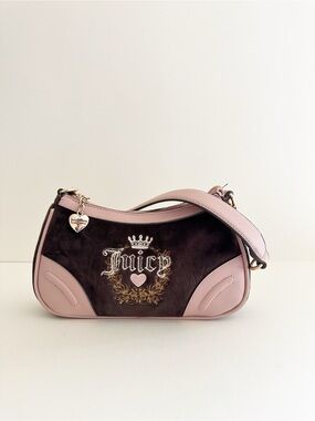 Juicy Couture Y2K Brown Velvet Pink Leather Large logo Heritage shoulder bag